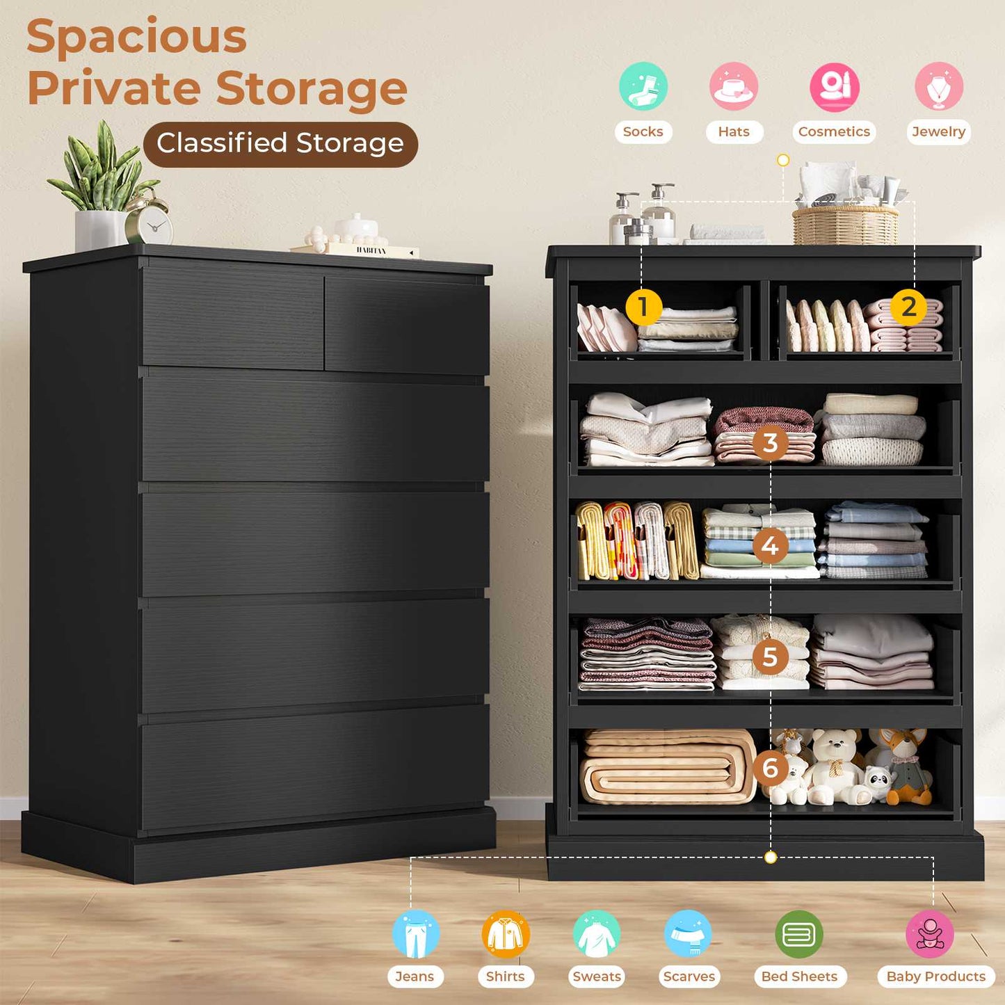 DICTAC | 43.9" Tall Dresser with 6 Drawers, Modern Vertical Chest of Drawers for Bedroom, Narrow Wood Storage Cabinet for Closet, Hallway & Small Spaces (Black/White)