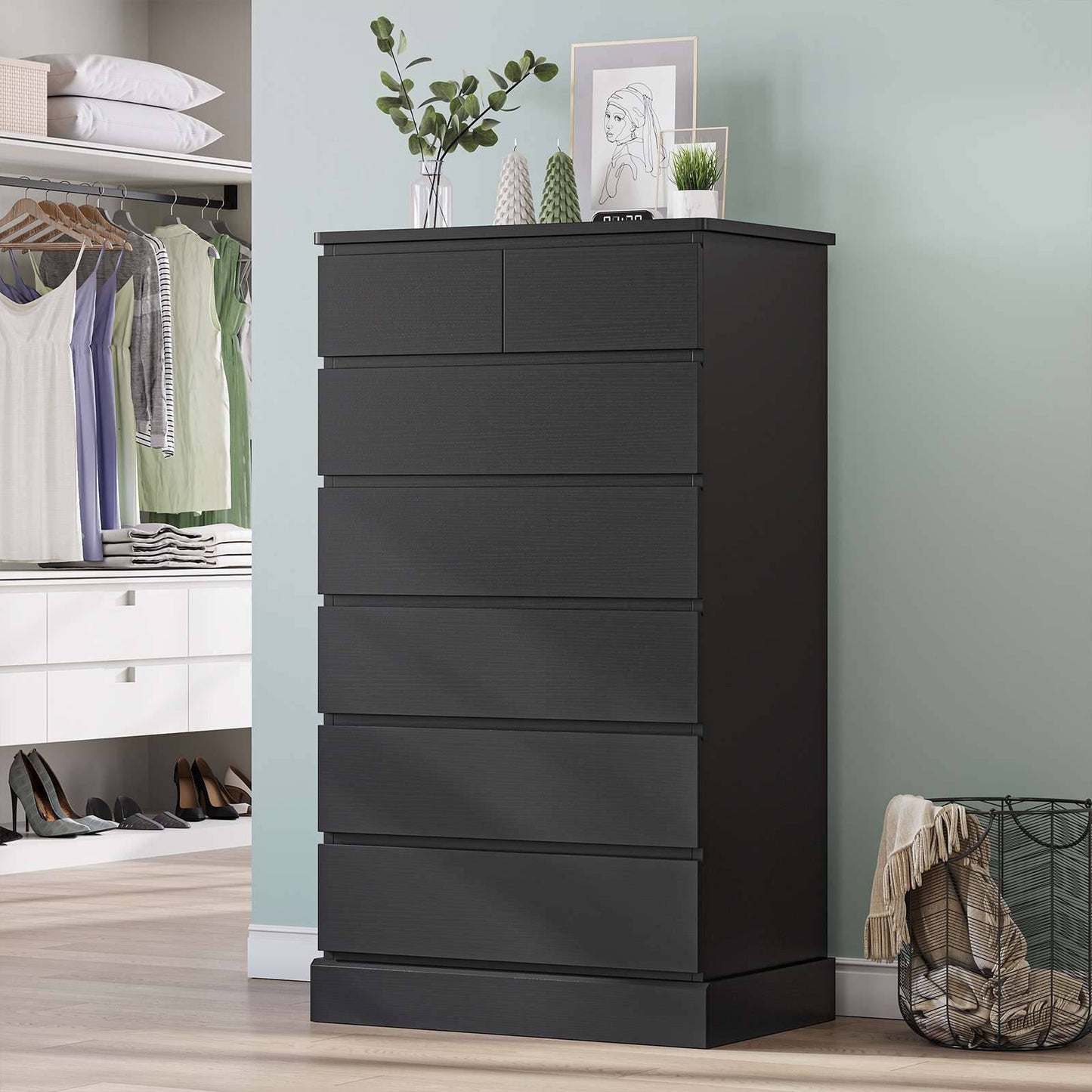 DICTAC | 51.8" Tall Dresser with 7 Drawers, Extra-Tall Vertical Chest of Drawers, Modern Narrow Storage Cabinet for Bedroom, Closet & Small Spaces(Black/White)