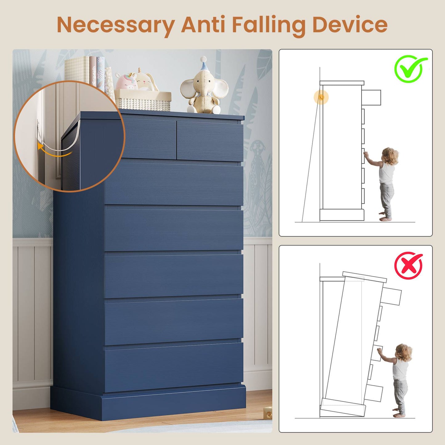 DICTAC | 51.8" Tall Dresser with 7 Drawers, Extra-Tall Vertical Chest of Drawers, Modern Narrow Storage Cabinet for Bedroom, Closet & Small Spaces(Black/White)