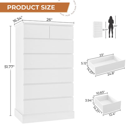 DICTAC | 51.8" Tall Dresser with 7 Drawers, Extra-Tall Vertical Chest of Drawers, Modern Narrow Storage Cabinet for Bedroom, Closet & Small Spaces(Black/White)