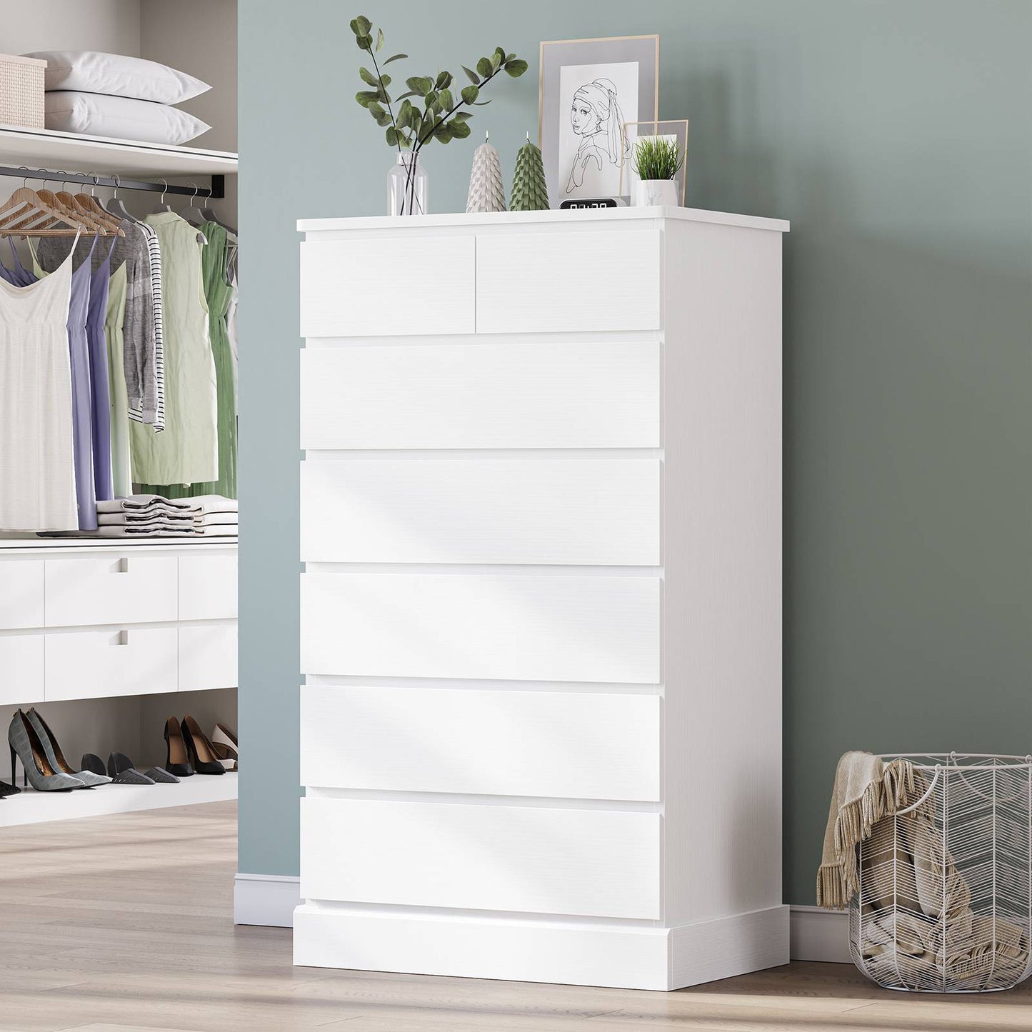 DICTAC | 51.8" Tall Dresser with 7 Drawers, Extra-Tall Vertical Chest of Drawers, Modern Narrow Storage Cabinet for Bedroom, Closet & Small Spaces(Black/White)