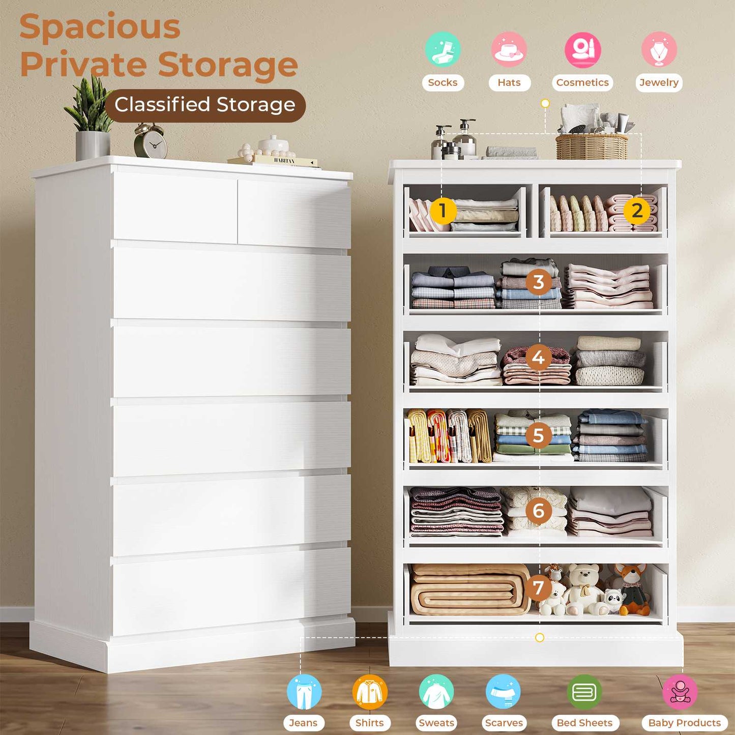 DICTAC | 51.8" Tall Dresser with 7 Drawers, Extra-Tall Vertical Chest of Drawers, Modern Narrow Storage Cabinet for Bedroom, Closet & Small Spaces(Black/White)