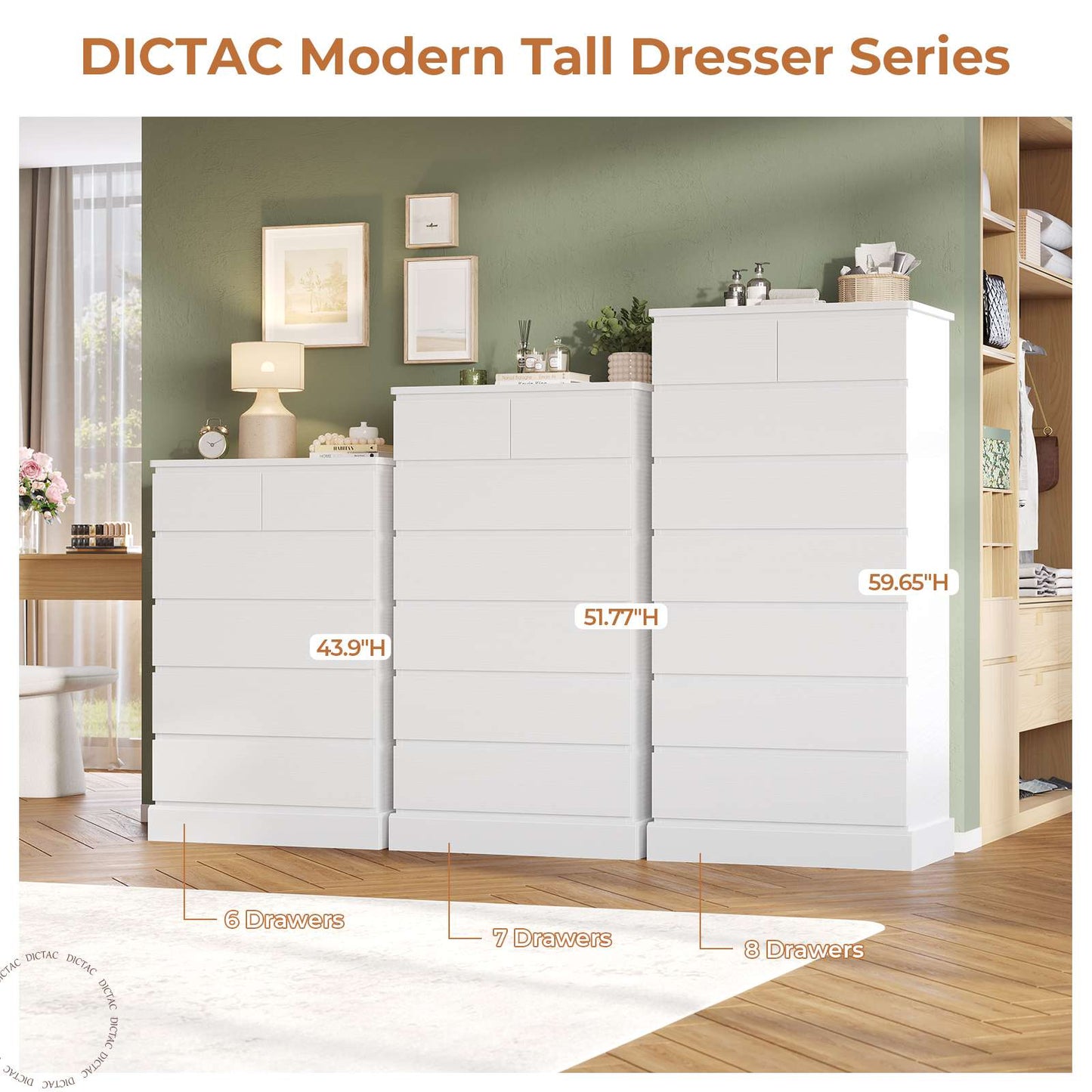DICTAC | 51.8" Tall Dresser with 7 Drawers, Extra-Tall Vertical Chest of Drawers, Modern Narrow Storage Cabinet for Bedroom, Closet & Small Spaces(Black/White)