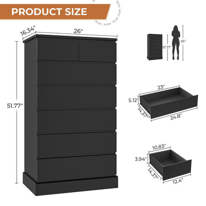 DICTAC | 51.8" Tall Dresser with 7 Drawers, Extra-Tall Vertical Chest of Drawers, Modern Narrow Storage Cabinet for Bedroom, Closet & Small Spaces(Black/White)