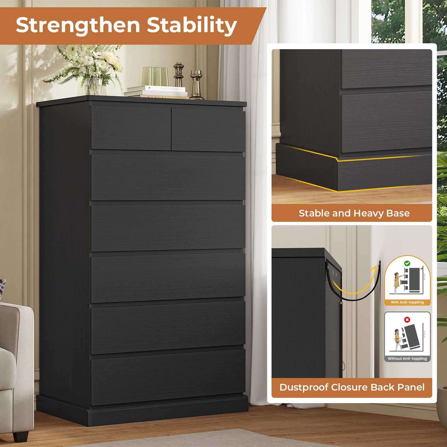 DICTAC | 51.8" Tall Dresser with 7 Drawers, Extra-Tall Vertical Chest of Drawers, Modern Narrow Storage Cabinet for Bedroom, Closet & Small Spaces(Black/White)