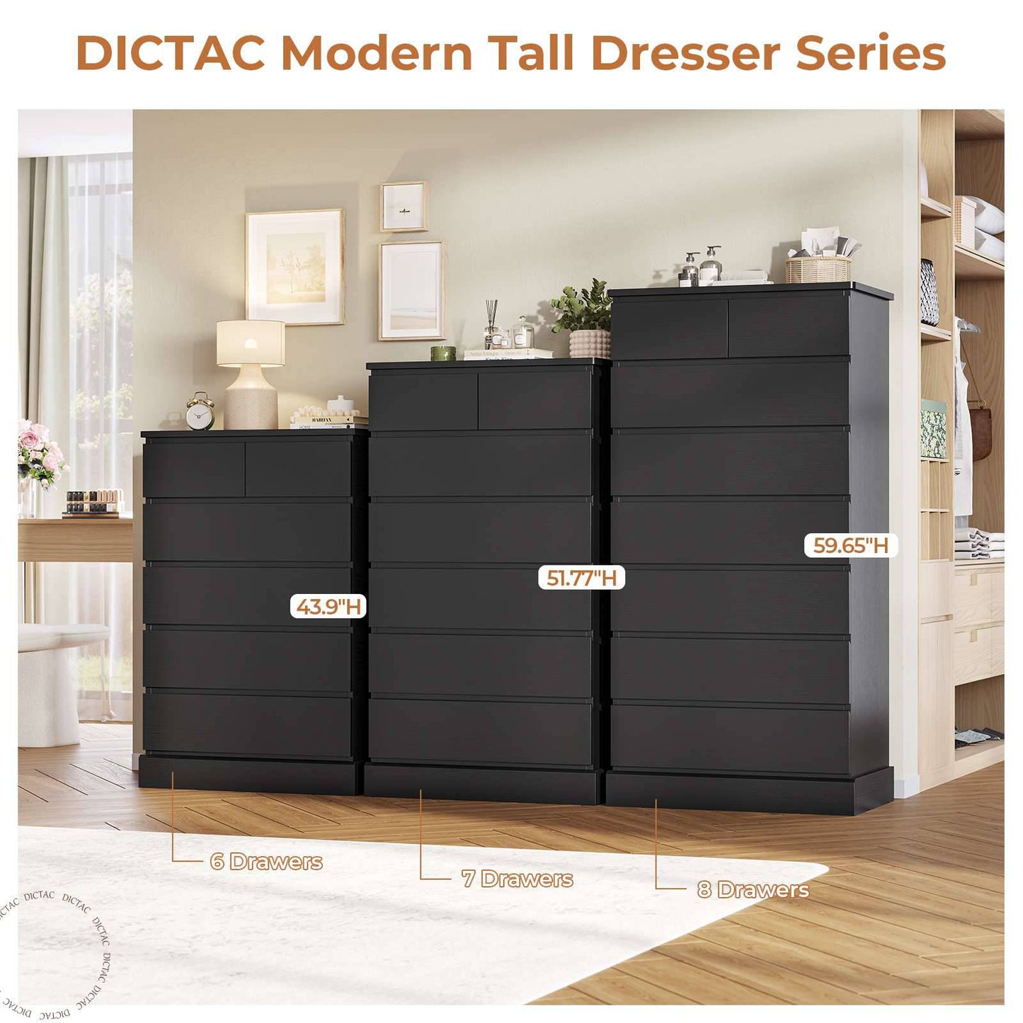 DICTAC | 51.8" Tall Dresser with 7 Drawers, Extra-Tall Vertical Chest of Drawers, Modern Narrow Storage Cabinet for Bedroom, Closet & Small Spaces(Black/White)