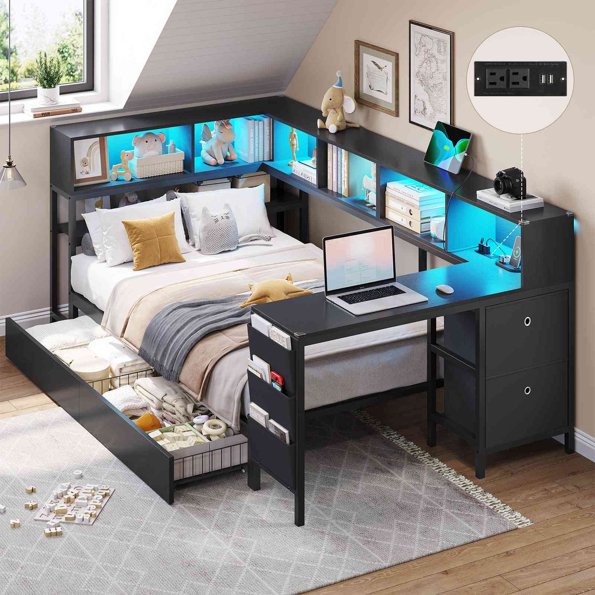 DICTAC | Twin Corner Bed Frame with Desk, Storage Drawers, LED Lights & Charging Station, Bookcase Daybed for Girls