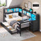 DICTAC | Twin Corner Bed Frame with Desk, Storage Drawers, LED Lights & Charging Station, Bookcase Daybed for Girls
