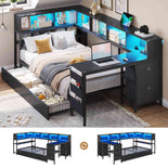 DICTAC | Twin Corner Bed Frame with Desk, Storage Drawers, LED Lights & Charging Station, Bookcase Daybed for Girls