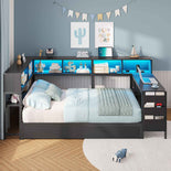 DICTAC | Twin Corner Bed Frame with Desk, Storage Drawers, LED Lights & Charging Station, Bookcase Daybed for Girls