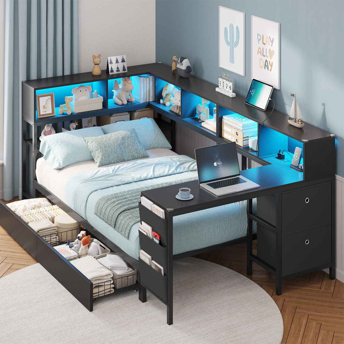 DICTAC | Twin Corner Bed Frame with Desk, Storage Drawers, LED Lights & Charging Station, Bookcase Daybed for Girls