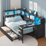 DICTAC | Twin Corner Bed Frame with Desk, Storage Drawers, LED Lights & Charging Station, Bookcase Daybed for Girls