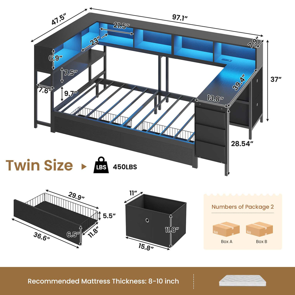 DICTAC | Twin Corner Bed Frame with Desk, Storage Drawers, LED Lights & Charging Station, Bookcase Daybed for Girls
