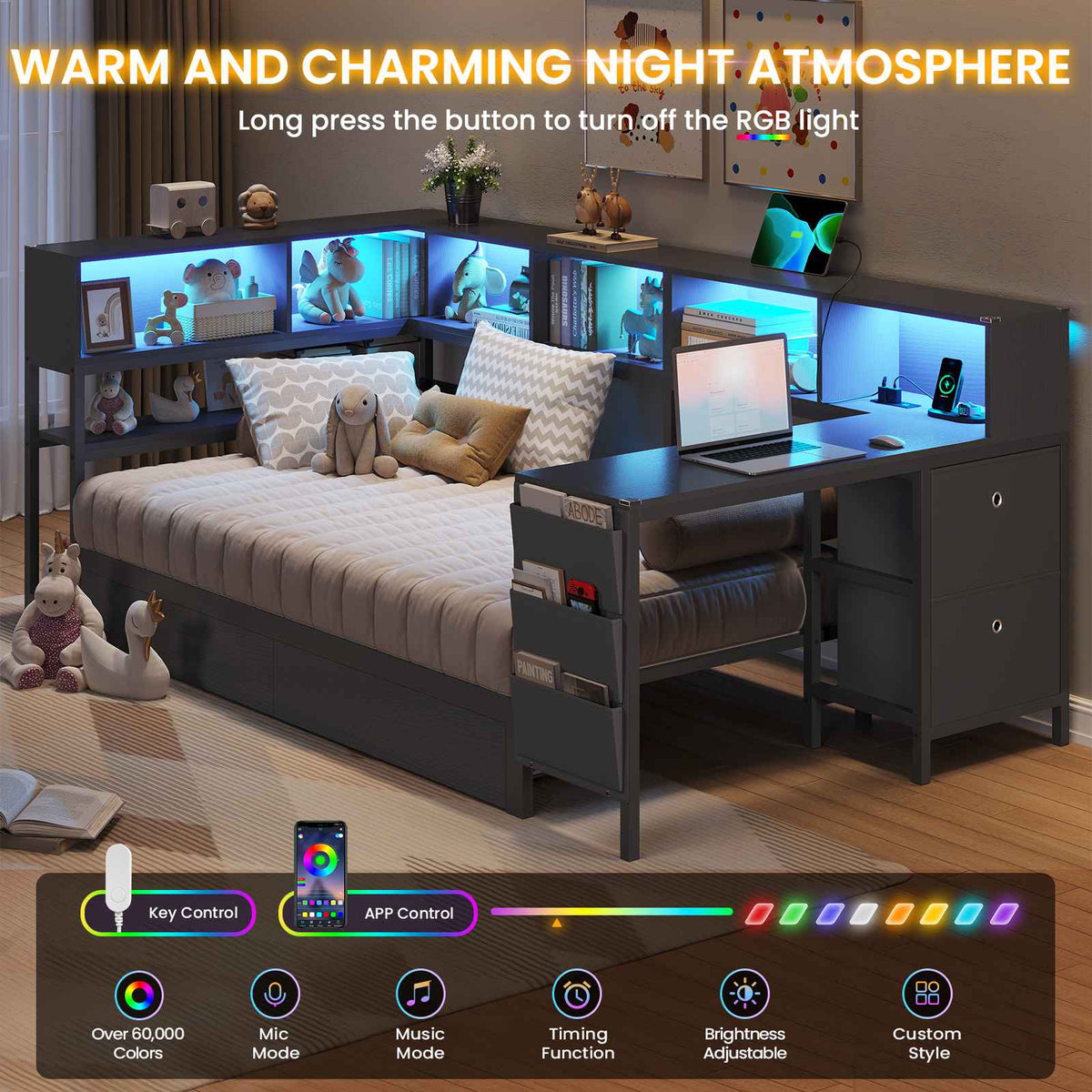 DICTAC | Twin Corner Bed Frame with Desk, Storage Drawers, LED Lights & Charging Station, Bookcase Daybed for Girls