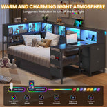DICTAC | Twin Corner Bed Frame with Desk, Storage Drawers, LED Lights & Charging Station, Bookcase Daybed for Girls