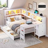 DICTAC | Twin Corner Bed Frame with Desk, Storage Drawers, LED Lights & Charging Station, Bookcase Daybed for Girls