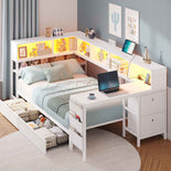 DICTAC | Twin Corner Bed Frame with Desk, Storage Drawers, LED Lights & Charging Station, Bookcase Daybed for Girls