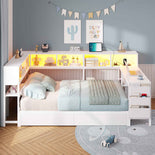 DICTAC | Twin Corner Bed Frame with Desk, Storage Drawers, LED Lights & Charging Station, Bookcase Daybed for Girls