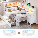 DICTAC | Twin Corner Bed Frame with Desk, Storage Drawers, LED Lights & Charging Station, Bookcase Daybed for Girls