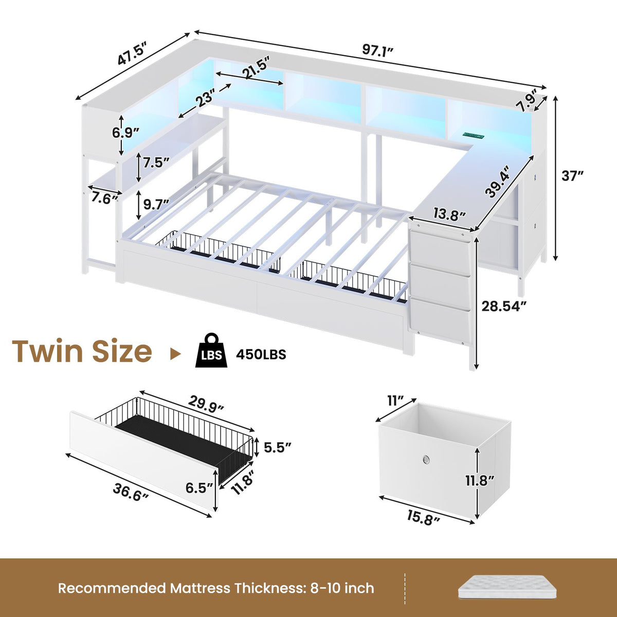 DICTAC | Twin Corner Bed Frame with Desk, Storage Drawers, LED Lights & Charging Station, Bookcase Daybed for Girls