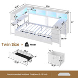 DICTAC | Twin Corner Bed Frame with Desk, Storage Drawers, LED Lights & Charging Station, Bookcase Daybed for Girls