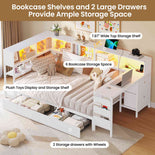 DICTAC | Twin Corner Bed Frame with Desk, Storage Drawers, LED Lights & Charging Station, Bookcase Daybed for Girls