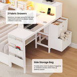 DICTAC | Twin Corner Bed Frame with Desk, Storage Drawers, LED Lights & Charging Station, Bookcase Daybed for Girls
