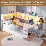 DICTAC | Twin Corner Bed Frame with Desk, Storage Drawers, LED Lights & Charging Station, Bookcase Daybed for Girls