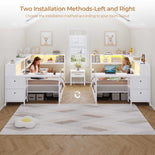 DICTAC | Twin Corner Bed Frame with Desk, Storage Drawers, LED Lights & Charging Station, Bookcase Daybed for Girls
