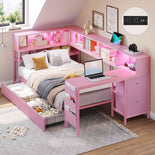 DICTAC | Twin Corner Bed Frame with Desk, Storage Drawers, LED Lights & Charging Station, Bookcase Daybed for Girls