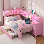 DICTAC | Twin Corner Bed Frame with Desk, Storage Drawers, LED Lights & Charging Station, Bookcase Daybed for Girls