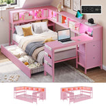 DICTAC | Twin Corner Bed Frame with Desk, Storage Drawers, LED Lights & Charging Station, Bookcase Daybed for Girls