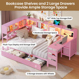 DICTAC | Twin Corner Bed Frame with Desk, Storage Drawers, LED Lights & Charging Station, Bookcase Daybed for Girls