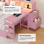 DICTAC | Twin Corner Bed Frame with Desk, Storage Drawers, LED Lights & Charging Station, Bookcase Daybed for Girls