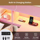 DICTAC | Twin Corner Bed Frame with Desk, Storage Drawers, LED Lights & Charging Station, Bookcase Daybed for Girls