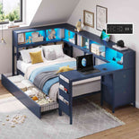 DICTAC | Twin Corner Bed Frame with Desk, Storage Drawers, LED Lights & Charging Station, Bookcase Daybed for Girls