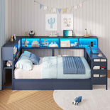 DICTAC | Twin Corner Bed Frame with Desk, Storage Drawers, LED Lights & Charging Station, Bookcase Daybed for Girls