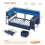 DICTAC | Twin Corner Bed Frame with Desk, Storage Drawers, LED Lights & Charging Station, Bookcase Daybed for Girls