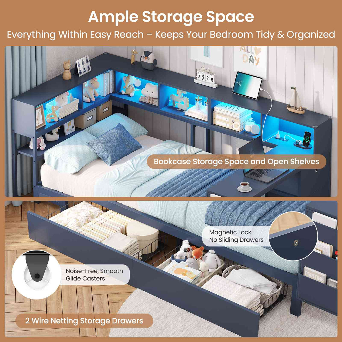 DICTAC | Twin Corner Bed Frame with Desk, Storage Drawers, LED Lights & Charging Station, Bookcase Daybed for Girls