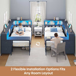 DICTAC | Twin Corner Bed Frame with Desk, Storage Drawers, LED Lights & Charging Station, Bookcase Daybed for Girls