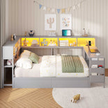 DICTAC | Twin Corner Bed Frame with Desk, Storage Drawers, LED Lights & Charging Station, Bookcase Daybed for Girls