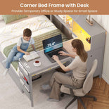 DICTAC | Twin Corner Bed Frame with Desk, Storage Drawers, LED Lights & Charging Station, Bookcase Daybed for Girls