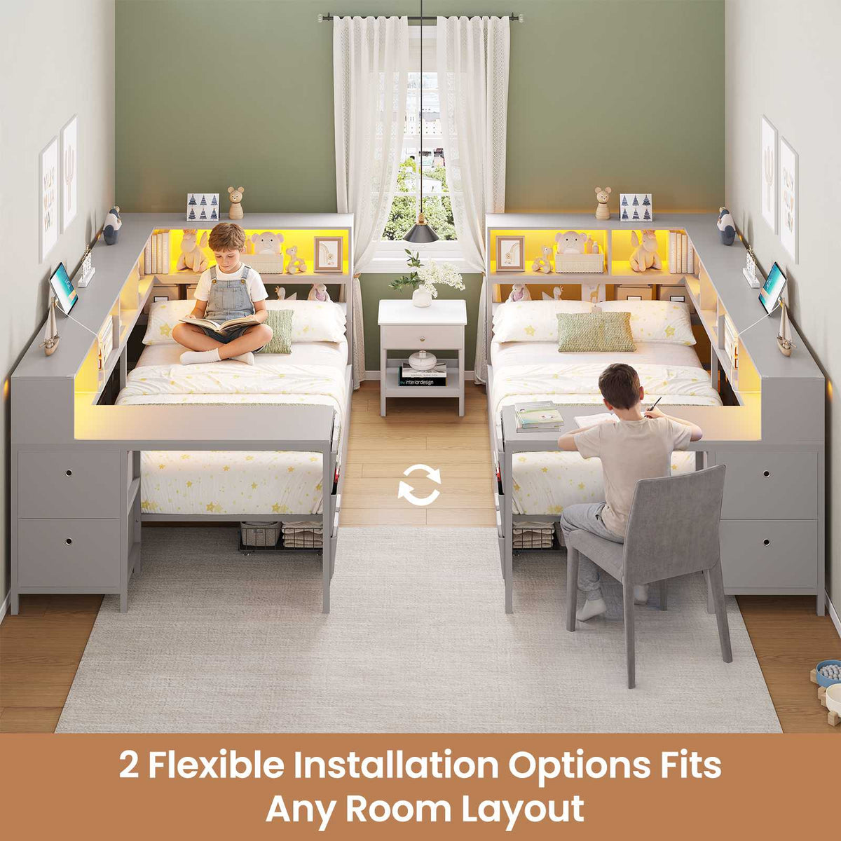 DICTAC | Twin Corner Bed Frame with Desk, Storage Drawers, LED Lights & Charging Station, Bookcase Daybed for Girls
