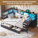 DICTAC | Twin Corner Bed Frame with Desk, Storage Drawers, LED Lights & Charging Station, Bookcase Daybed for Girls