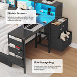DICTAC | Twin Corner Bed Frame with Desk, Storage Drawers, LED Lights & Charging Station, Bookcase Daybed for Girls