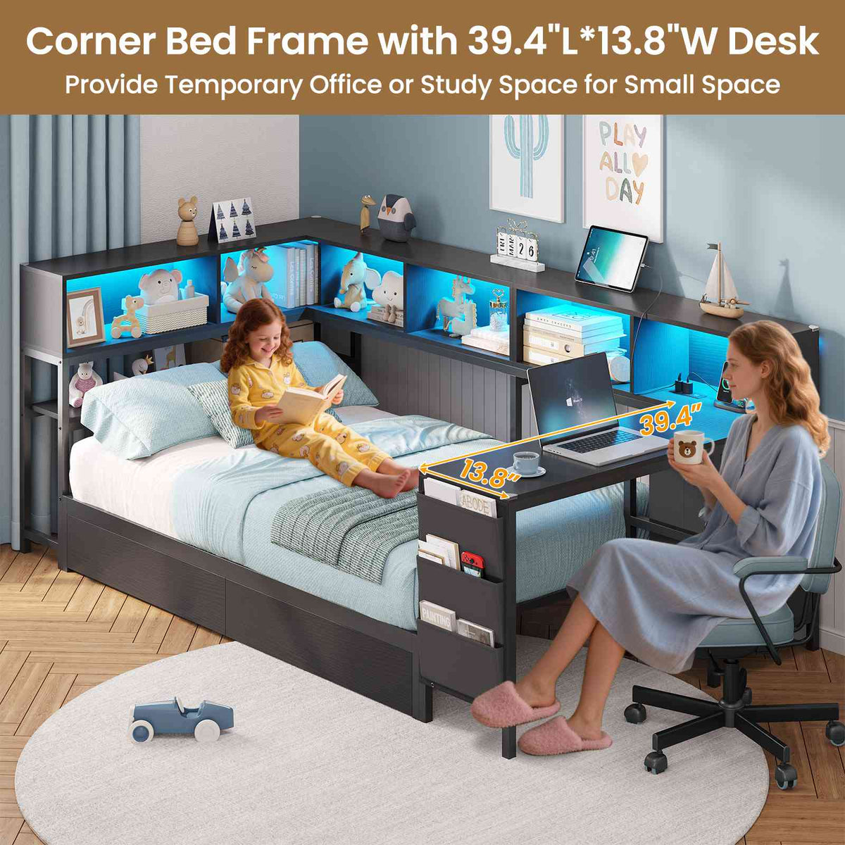 DICTAC | Twin Corner Bed Frame with Desk, Storage Drawers, LED Lights & Charging Station, Bookcase Daybed for Girls