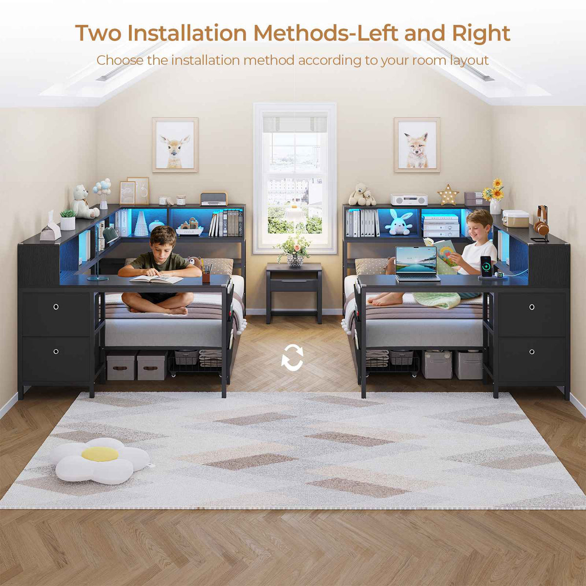 DICTAC | Twin Corner Bed Frame with Desk, Storage Drawers, LED Lights & Charging Station, Bookcase Daybed for Girls