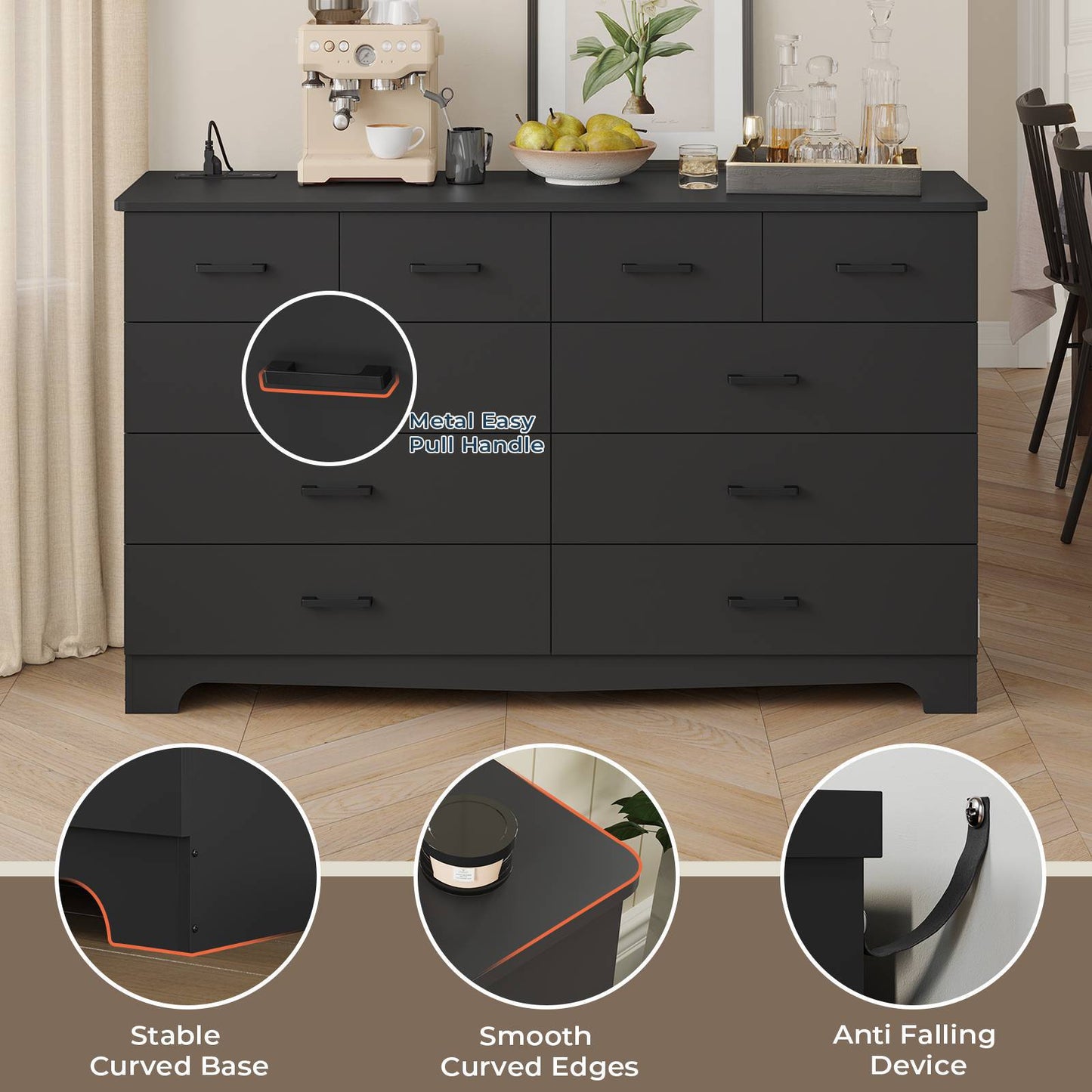 DICTAC 55.1" Wide Dresser with 10 Drawers & Charging Station, Large Storage Chest of Drawers, Long TV Stand Dresser for Bedroom & Living Room (Black/White)