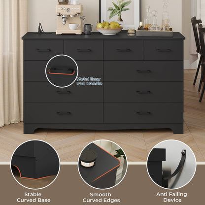 DICTAC 55.1" Wide Dresser with 10 Drawers & Charging Station, Large Storage Chest of Drawers, Long TV Stand Dresser for Bedroom & Living Room (Black/White)
