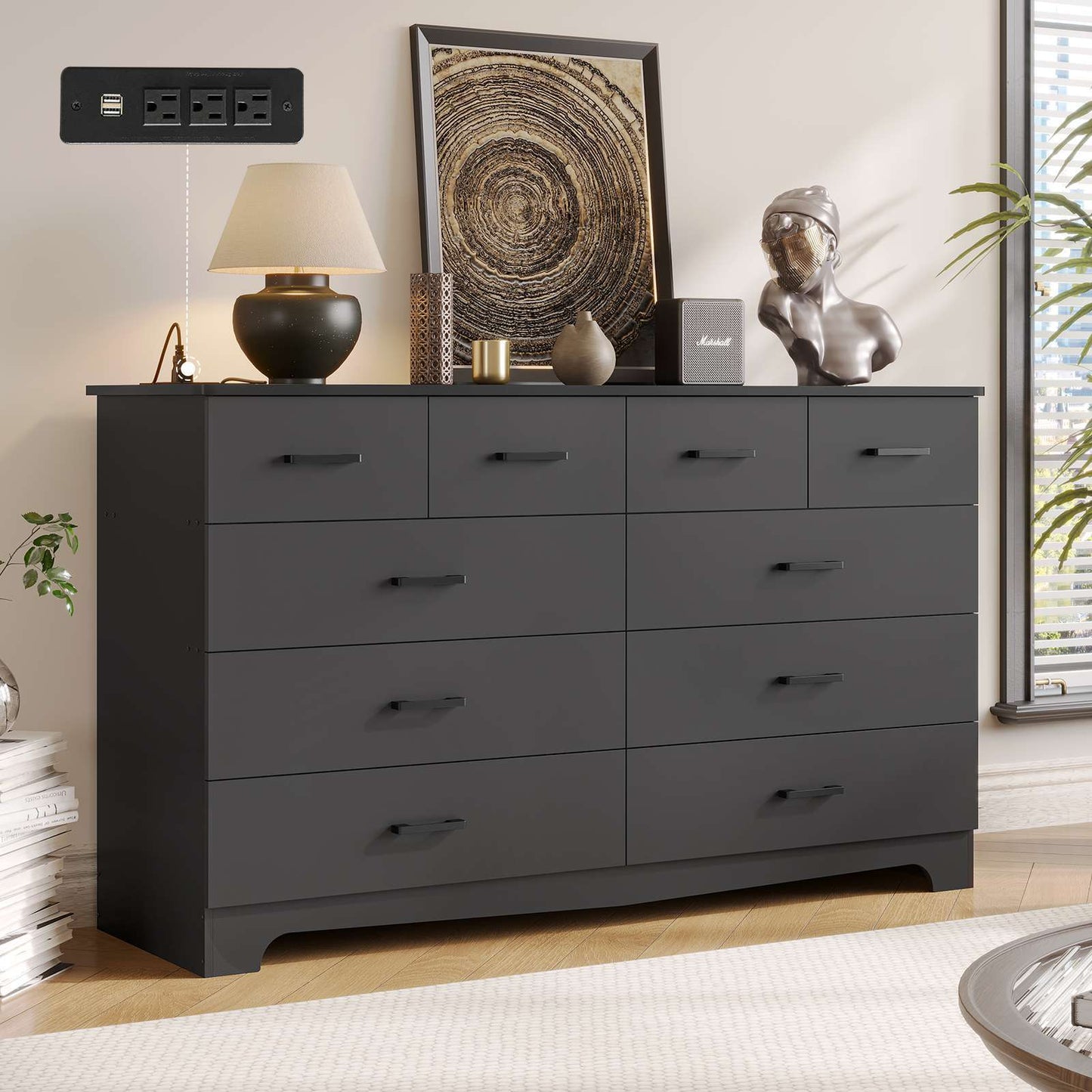 DICTAC 55.1" Wide Dresser with 10 Drawers & Charging Station, Large Storage Chest of Drawers, Long TV Stand Dresser for Bedroom & Living Room (Black/White)